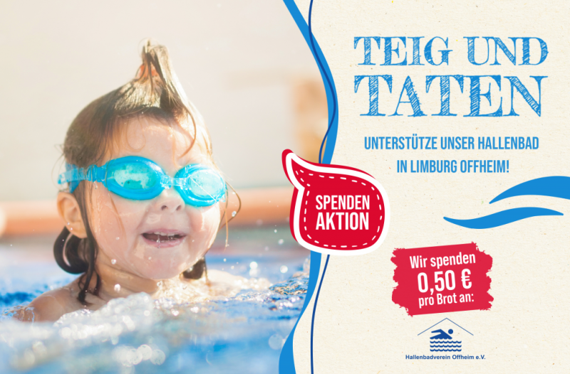 Kind mit Schwimmbrille im Wasser, daneben Spendenaufruf fürs Hallenbad Limburg-Offheim.